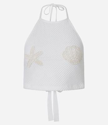 Blusa Frente Única com Bordado Fundo do Mar