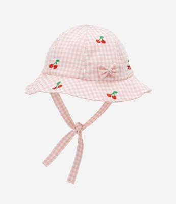 Chapéu Infantil em Sarja Xadrez com Cerejinhas  - Tam 0 a 12 Meses