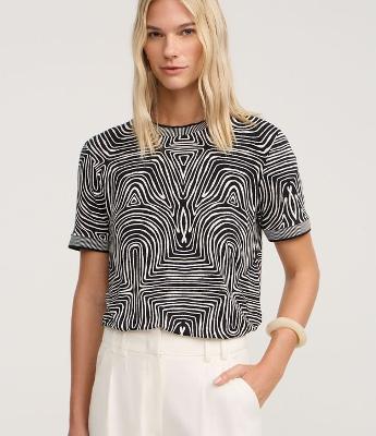 Blusa em Algodão com Gola de Tricô e Estampa Abstrata
