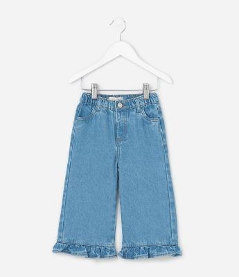 Calça Infantil Wide em Jeans com Babados na Barra - Tam 1 a 5 Anos
