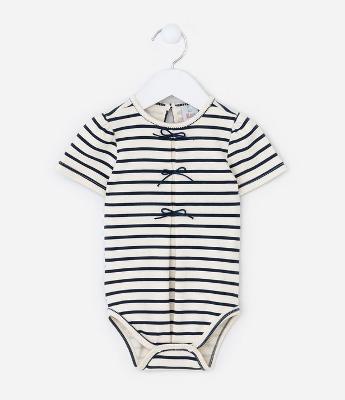 Body Infantil com Estampa Listrada e Lacinhos - Tam 0 a 18 Meses
