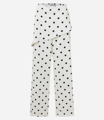 Calça Reta em Alfaiataria com Sobreposição na Cintura e Estampa Poá