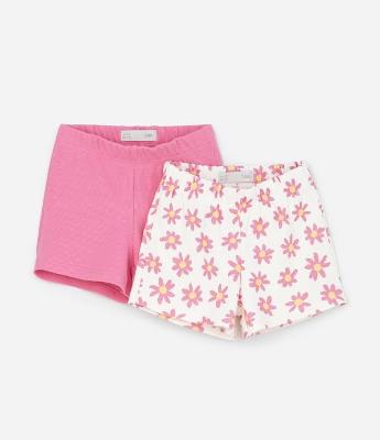 Kit Dois Shorts Infantil Em Ribana Floral E Liso - Tam 1 A 5/6