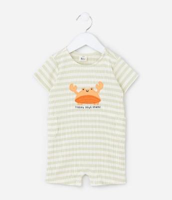 Macaquinho Infantil com Bordado de Caranguejo e Listras Canelado - Tam RN a 18 Meses