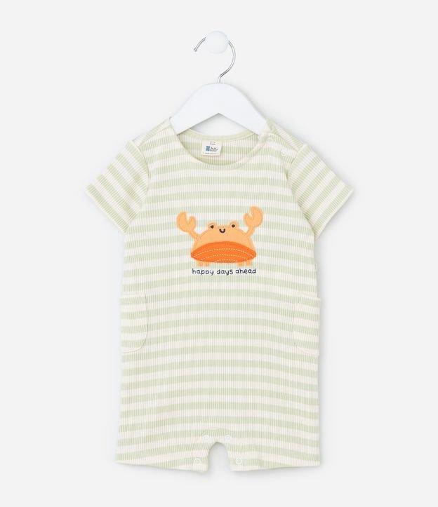 Macacão Infantil com Bordado de Caranguejo e Listras Canelado - Tam 0 a 18 Meses - 1