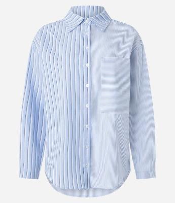 Camisa Oversized em Tricoline com Listras Meio a Meio e Bolso Unilateral