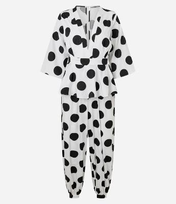 Macacão Balloon Alfaiatado com Decote V e Estampa Poá