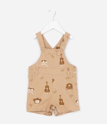 Jardineira Infantil Em Sarja Com Estampa De Bichos - Tam RN A 18 Meses