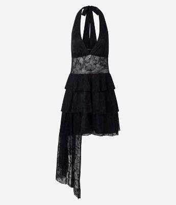 Vestido Evasê Frente Única em Renda com Decote V e Barra Assimétrica