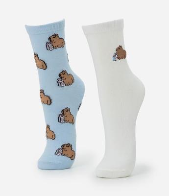 Kit 02 Meias Cano Médio em Algodão com Estampa e Bordado Capivara