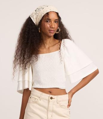 Blusa Cropped com Lastex e Manga Dupla