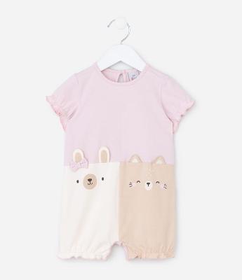 Macaquinho Infantil com Estampa de Gato e Coelho com Orelhinhas Aplicadas - Tam RN a 18 Meses