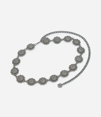 Cinto Médio em Corrente de Metal com Detalhes de Flores