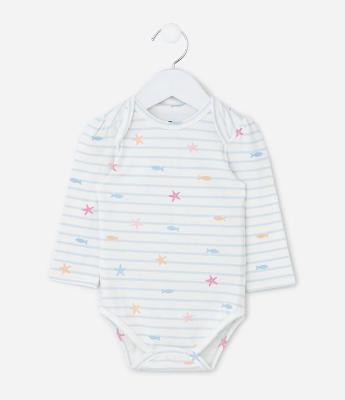 Body Infantil com Estampa Fundo do Mar Listrado - Tam 0 a 18 Meses