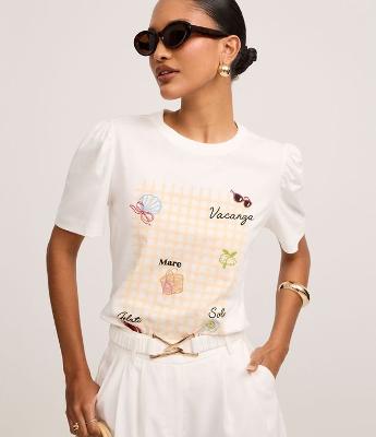 Blusa em Algodão com Estampa Xadrez e Bordados Tropicais