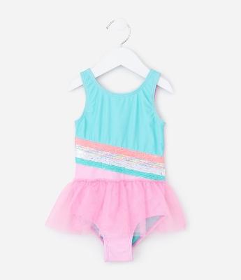 Maiô Infantil com Estampa de Arco-Íris e Saia Removível - Tam 1 a 4 anos