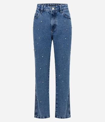 Calça Reta em Jeans com Brilhos