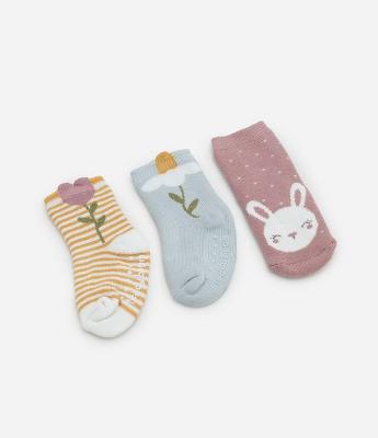 Kit 03 Meias Infantis Estampadas com Antiderrapante - Tam RN a 12 Meses