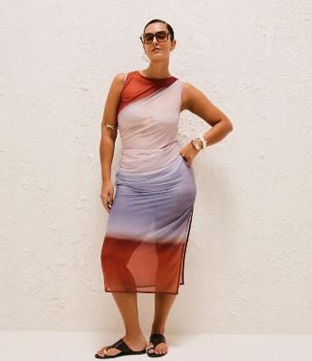 Saída de Praia Vestido em Tule Estampado Degradê