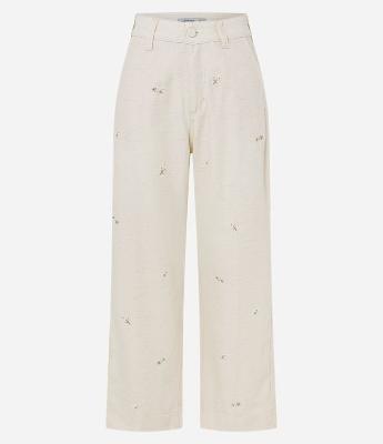 Calça Reta Cropped em Algodão com Bordado Floral