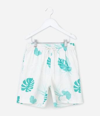 Bermuda Infantil de Banho em Anarruga com Estampa de Folhagens - Tam 5 a 14 Anos