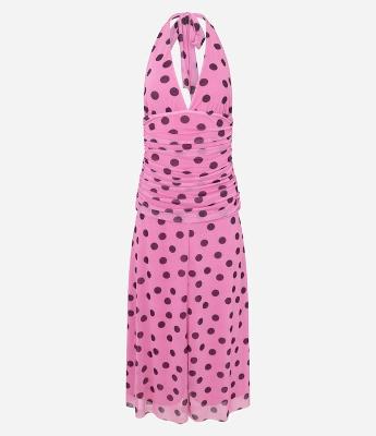 Vestido Evasê Longo em Tule com Estampa Poá e Franzido