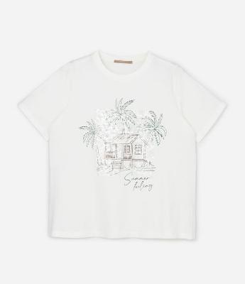 Camiseta com Estampa Coqueiro e Paetês  Curve & Plus Size