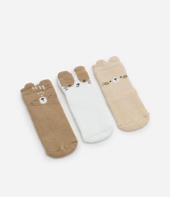 Kit Infantil 3 Meias com Animais e Terry - Tam RN a 12 Meses