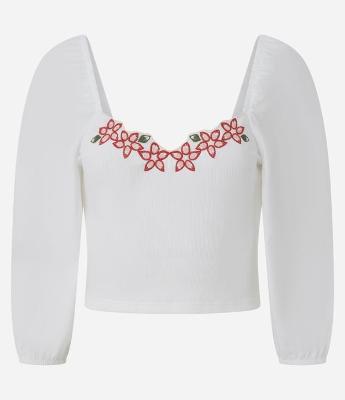 Blusa em Algodão com Bordado Floral no Decote e Manga Longa