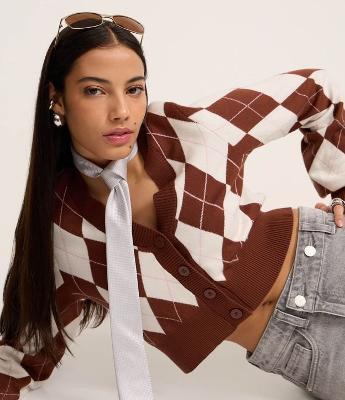 Cardigan Cropped  em Jacquard Xadrez Argyle