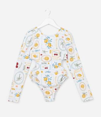 Maiô Infantil com Estampa Tropical e Recorte Vazado - Tam 7 a 16 Anos