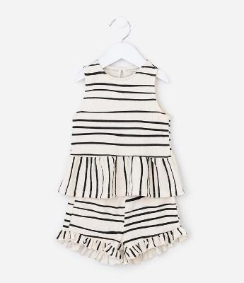 Conjunto Infantil em Anarruga com Estampa de Listras e Babadinhos - Tam 1 a 6 Anos