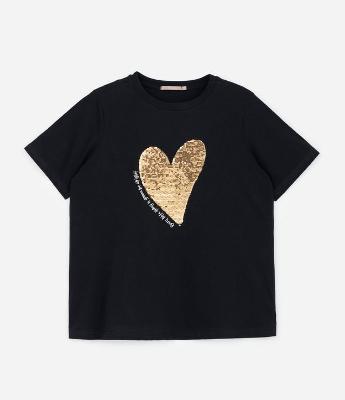 Camiseta em Algodão com Estampa de Coração em Paetê Curve & Plus Size