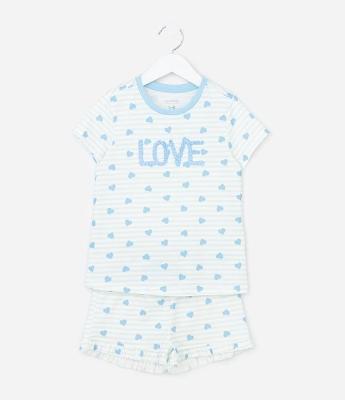 Pijama Infantil Curto com Estampa De Corações e Bordado Love - Tam 2 A 10 Anos