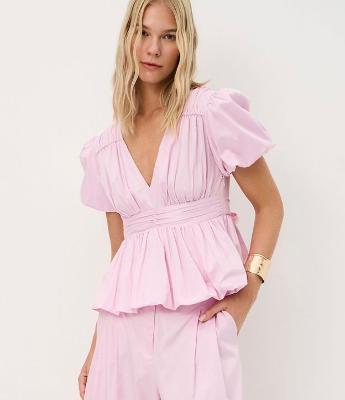 Blusa Peplum Balonê em Tricoline com Faixa na Cintura e Manga Bufante