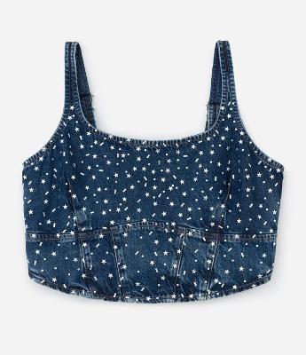 Top Jeans com Aplicação de Estrelinhas e Lastex nas Costas Curve & Plus Size
