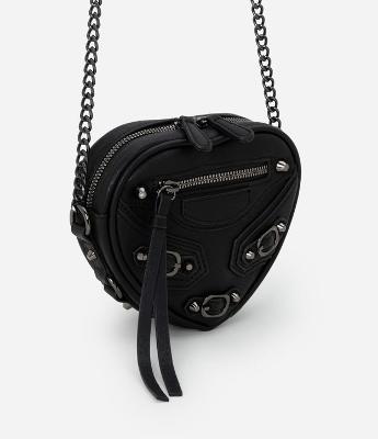 Bolsa Transversal Pequena em Formato de Coração com Detalhes nas Fivelas e Corrente