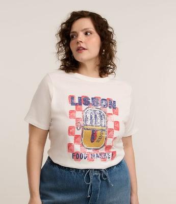 Camiseta em Algodão com Estampa de Sardinhas e Paetê Transparente Curve & Plus Size