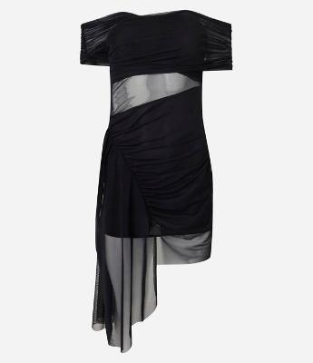 Vestido Curto em Tule com Decote Ombro a Ombro e Detalhe Assimétrico