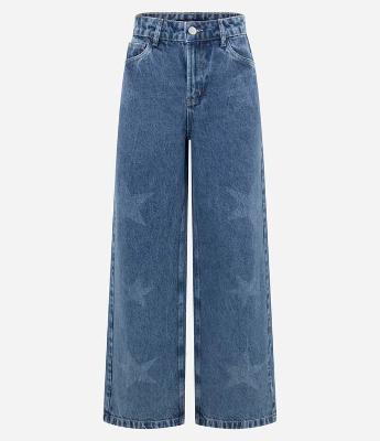 Calça Wide Leg em Jeans com Estrelas a Laser