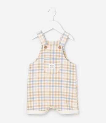 Jardineira Infantil em Moletom com Estampa Xadrez - Tam 0 a 18 Meses