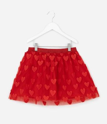 Saia Infantil Curta em Tule com Estampa de Corações - Tam 5 a 14 Anos