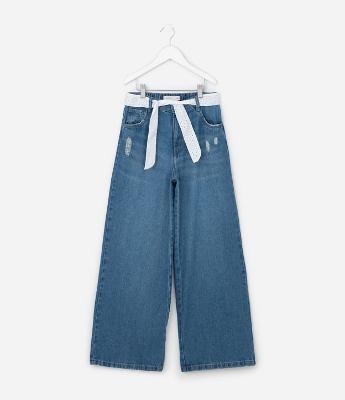 Calça Infantil Wide Leg em Jeans com Cinto - Tam 5 A 14 Anos