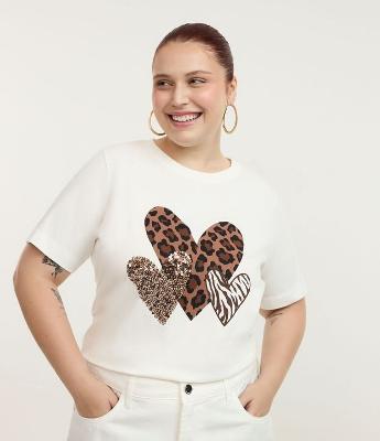Camiseta com Estampa de Corações Animal Print e Paetês Curve & Plus Size