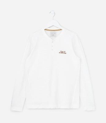 Camiseta Infantil Henley em Algodão com Bordado - Tam 5 A 14 Anos