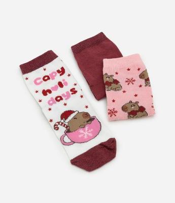 Kit 3 Meias Infantis Malha Capivara Natal - Tam 19 a 34