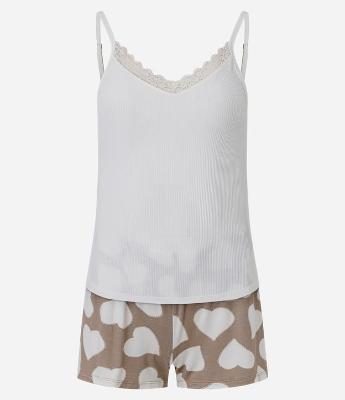 Pijama Short Doll em Viscose com Rendinha e Short com Estampa de Coração