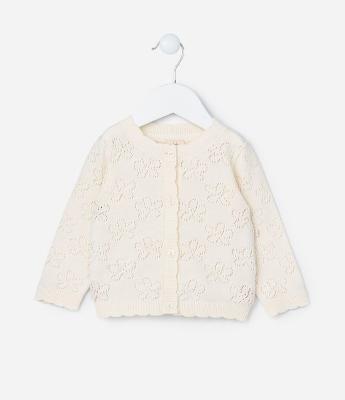 Cardigan Infantil com Efeito Tricô de Flores Ponto Aberto - Tam RN a 18 Meses