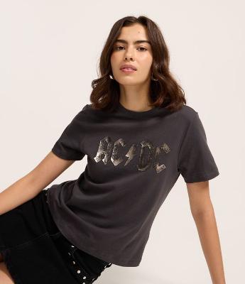 Blusa Baby Tee em Algodão com Estampa AC/DC