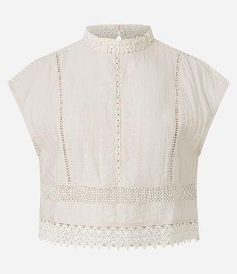 Blusa em Viscose com Gola Padre e Renda na Barra